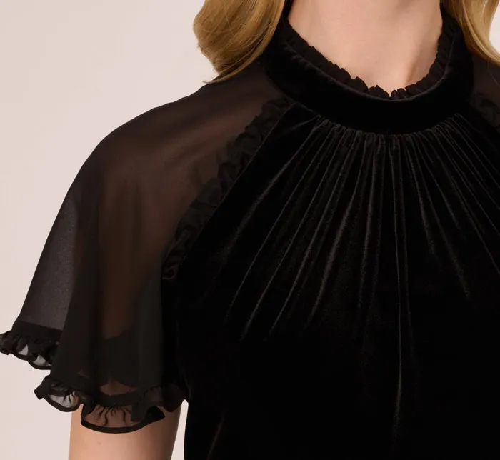 Short Dresses Womens Adrianna Papell Mock Neck Velvet Dress With Sheer Short Sleeves In Black