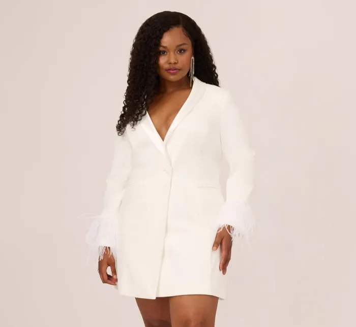Short Dresses Womens Adrianna Papell Plus Size Knit Crepe Long Sleeve Blazer Dress With Feather Trim In Ivory