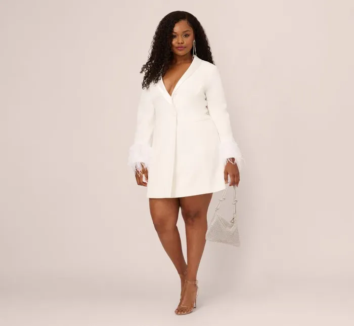 Short Dresses Womens Adrianna Papell Plus Size Knit Crepe Long Sleeve Blazer Dress With Feather Trim In Ivory