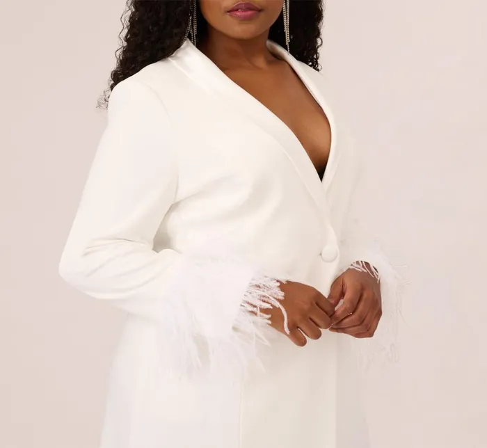 Short Dresses Womens Adrianna Papell Plus Size Knit Crepe Long Sleeve Blazer Dress With Feather Trim In Ivory