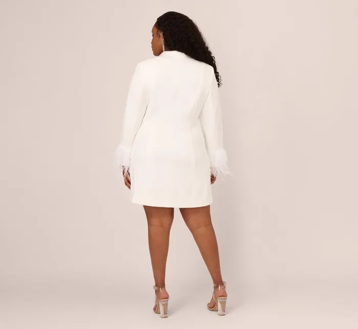 Short Dresses Womens Adrianna Papell Plus Size Knit Crepe Long Sleeve Blazer Dress With Feather Trim In Ivory