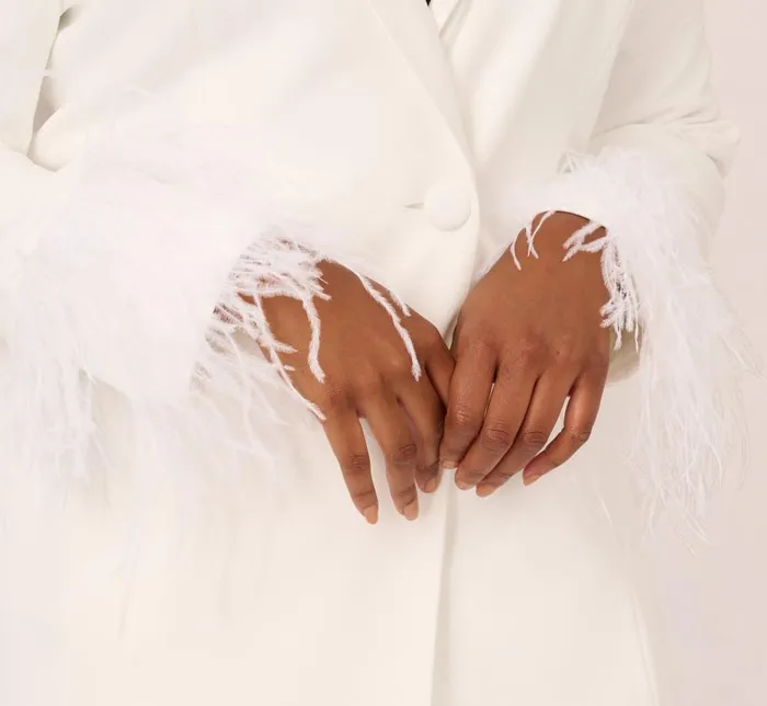 Short Dresses Womens Adrianna Papell Plus Size Knit Crepe Long Sleeve Blazer Dress With Feather Trim In Ivory