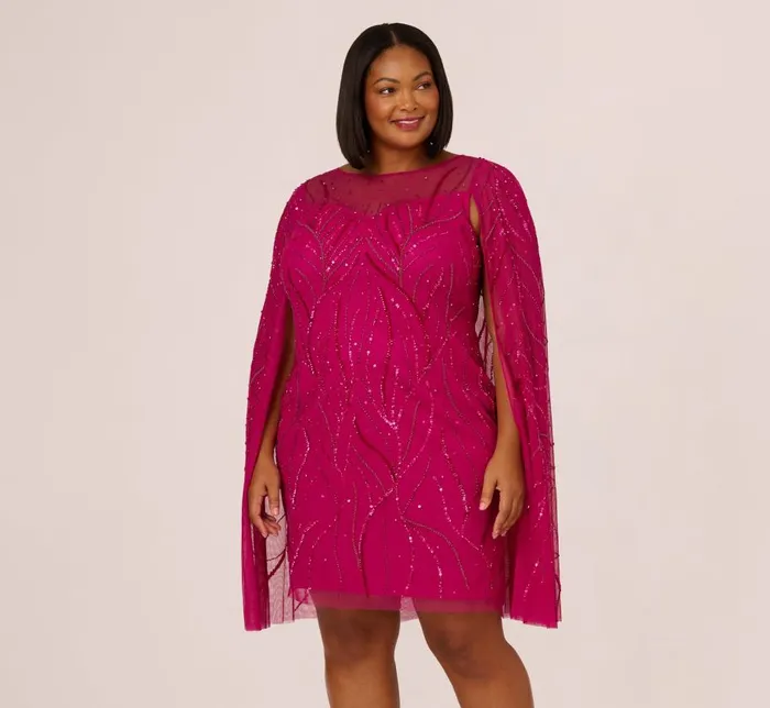Short Dresses Womens Adrianna Papell Plus Size Sequin Beaded Cape Dress With Illusion Neckline In Hot Orchid