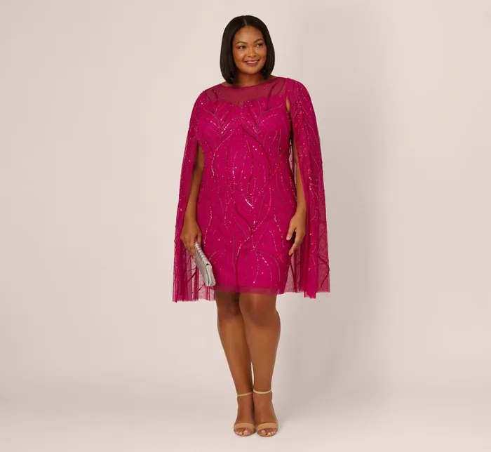 Short Dresses Womens Adrianna Papell Plus Size Sequin Beaded Cape Dress With Illusion Neckline In Hot Orchid