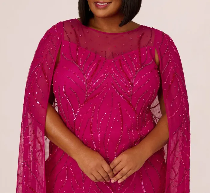 Short Dresses Womens Adrianna Papell Plus Size Sequin Beaded Cape Dress With Illusion Neckline In Hot Orchid