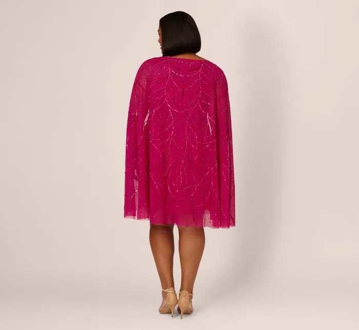 Short Dresses Womens Adrianna Papell Plus Size Sequin Beaded Cape Dress With Illusion Neckline In Hot Orchid