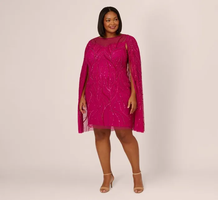 Short Dresses Womens Adrianna Papell Plus Size Sequin Beaded Cape Dress With Illusion Neckline In Hot Orchid