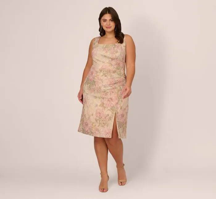 Short Dresses Womens Adrianna Papell Plus Size Sleeveless Floral Matelasse Sheath Dress With Pleated Details In Rose Multi