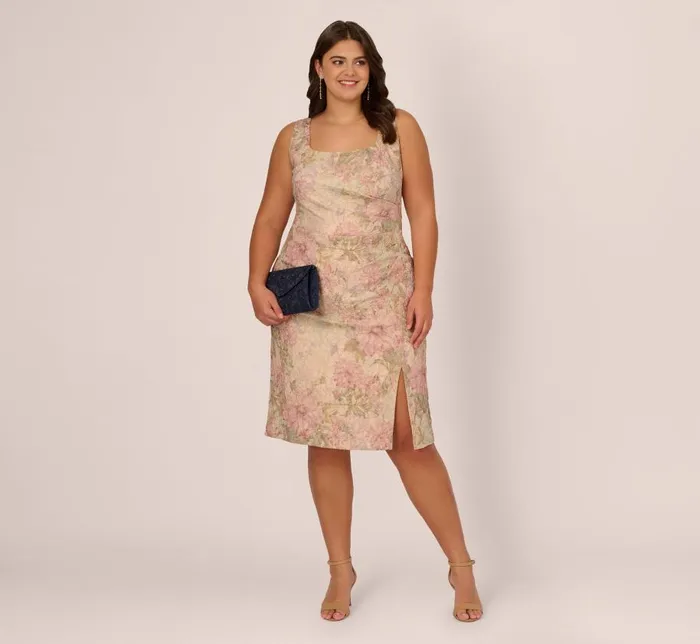 Short Dresses Womens Adrianna Papell Plus Size Sleeveless Floral Matelasse Sheath Dress With Pleated Details In Rose Multi