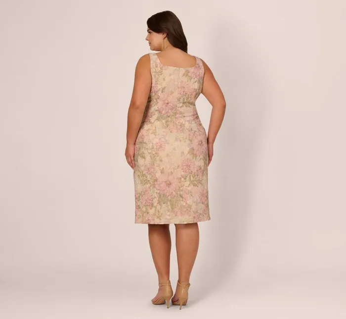 Short Dresses Womens Adrianna Papell Plus Size Sleeveless Floral Matelasse Sheath Dress With Pleated Details In Rose Multi