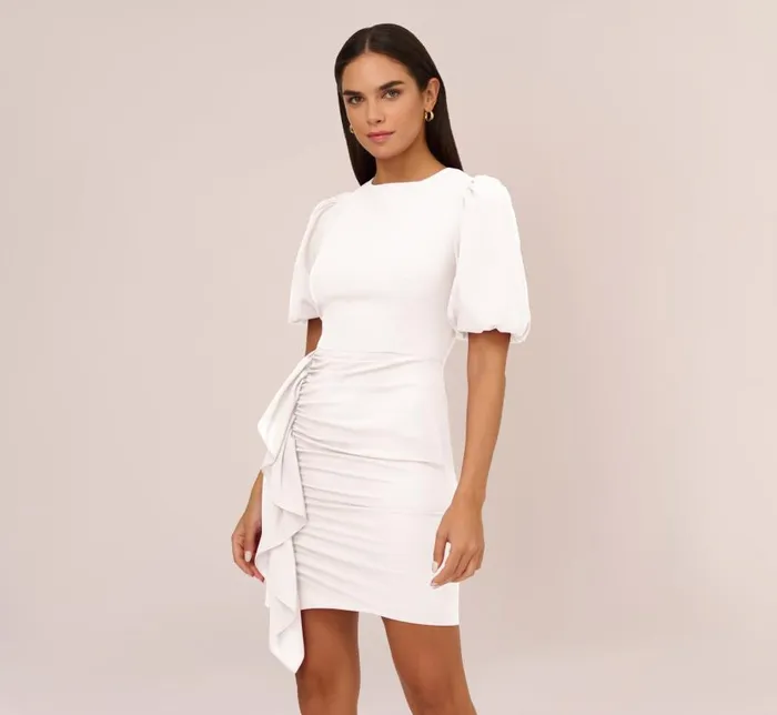 Short Dresses Womens Adrianna Papell Puff Short Sleeve Sheath Dress With Ruffle Accent In Ivory
