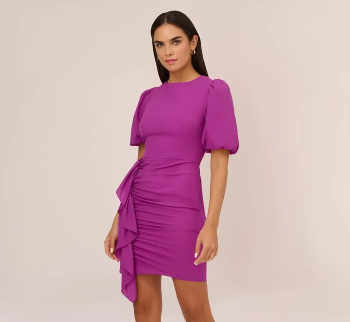 Short Dresses Womens Adrianna Papell Puff Short Sleeve Sheath Dress With Ruffle Accent In Wild Orchid