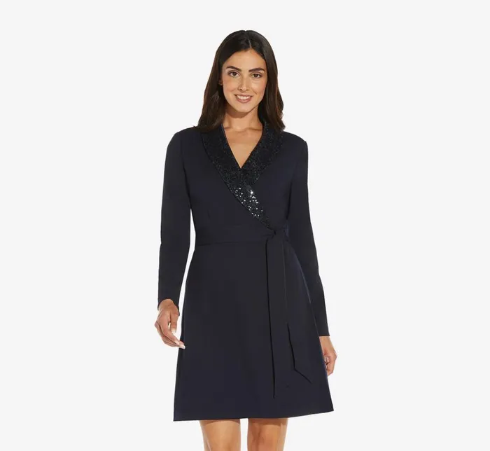 Short Dresses Womens Adrianna Papell Sequin Collar Tuxedo Dress In Midnight