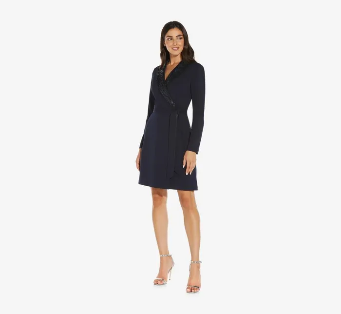 Short Dresses Womens Adrianna Papell Sequin Collar Tuxedo Dress In Midnight