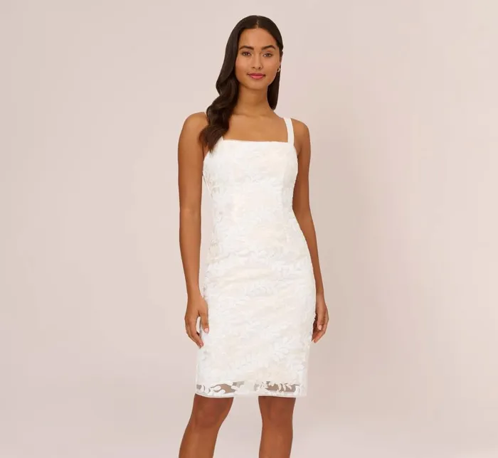 Short Dresses Womens Adrianna Papell Sequin Embroidered Sheath Dress With Grosgrain Straps In Ivory