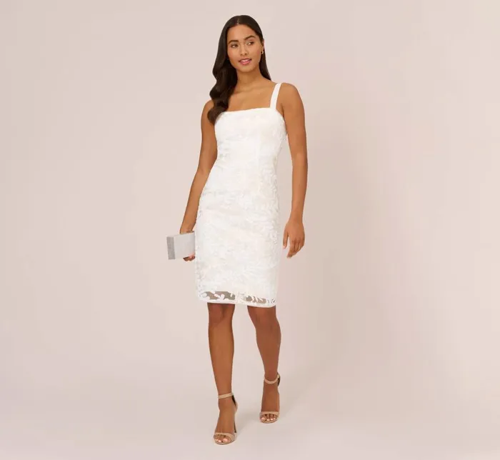 Short Dresses Womens Adrianna Papell Sequin Embroidered Sheath Dress With Grosgrain Straps In Ivory