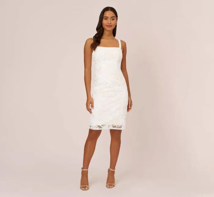 Short Dresses Womens Adrianna Papell Sequin Embroidered Sheath Dress With Grosgrain Straps In Ivory