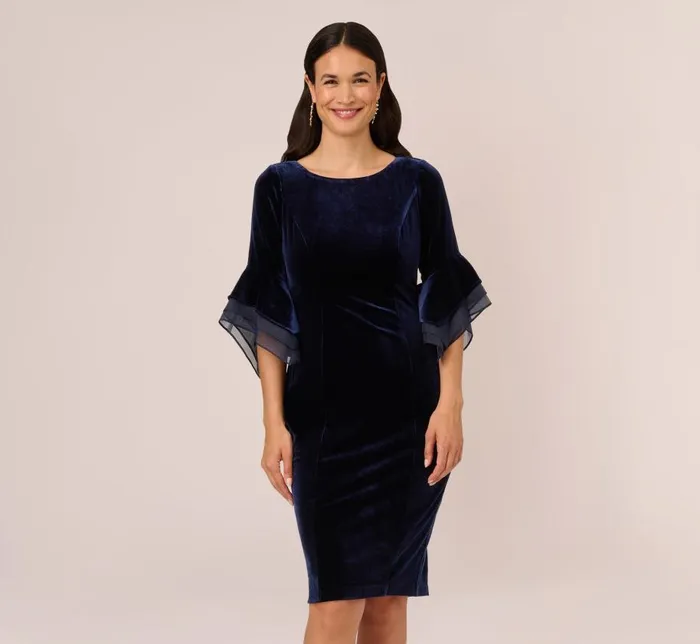Short Dresses Womens Adrianna Papell Velvet Sheath Dress With Tiered Three Quarter Sleeves In Midnight