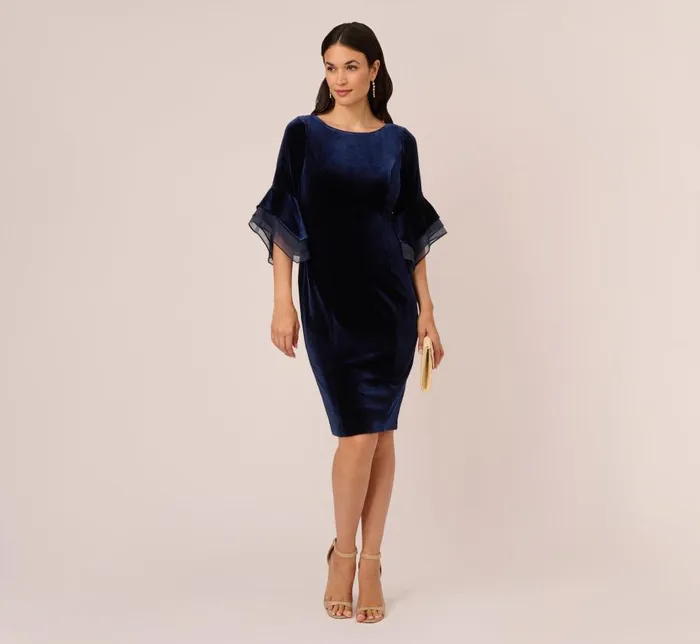 Short Dresses Womens Adrianna Papell Velvet Sheath Dress With Tiered Three Quarter Sleeves In Midnight