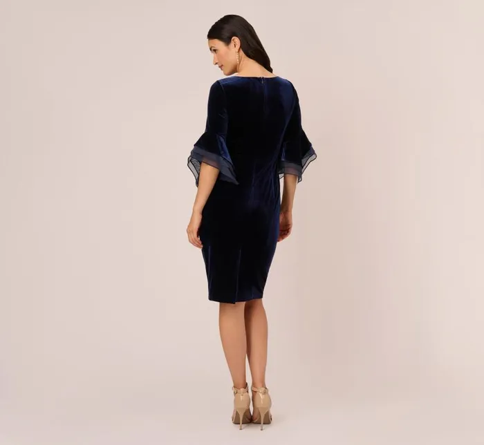 Short Dresses Womens Adrianna Papell Velvet Sheath Dress With Tiered Three Quarter Sleeves In Midnight