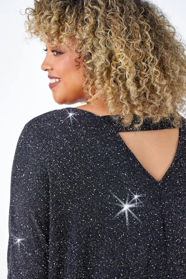 Silver Curve Back Bar Glitter Stretch Top Women Roman Tops
