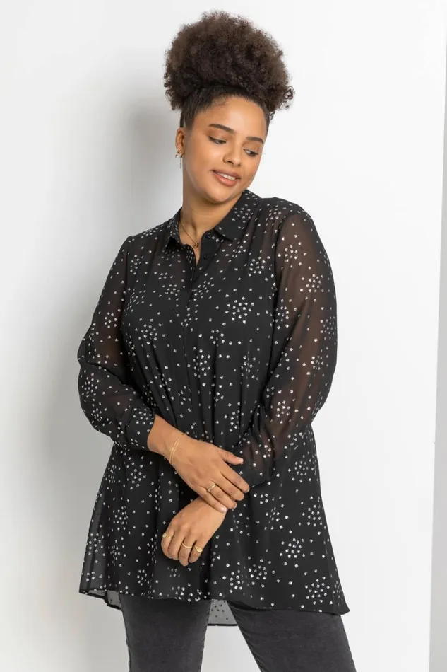 Silver Curve Longline Foil Spot Chiffon Shirt Women Roman Tops