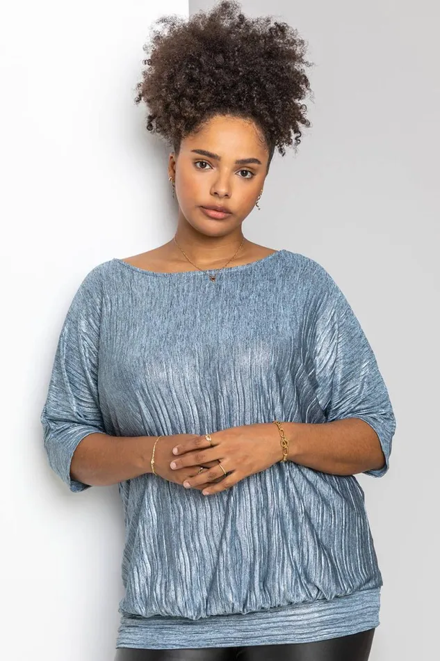 Silver Curve Shimmer Pleated Blouson Top Women Roman Tops