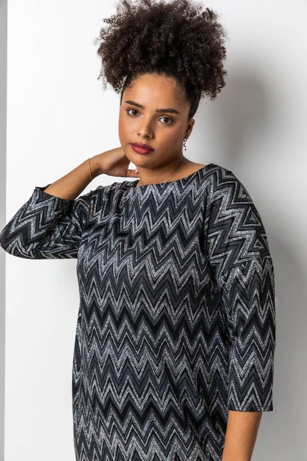 Silver Curve Zig Zag Print Shift Dress Women Roman Dresses