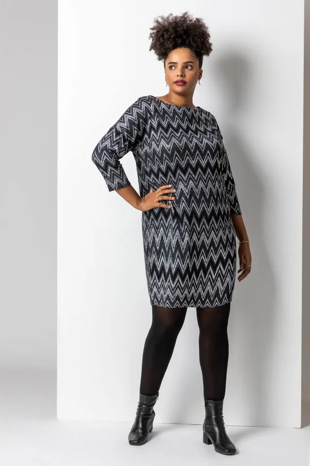 Silver Curve Zig Zag Print Shift Dress Women Roman Dresses