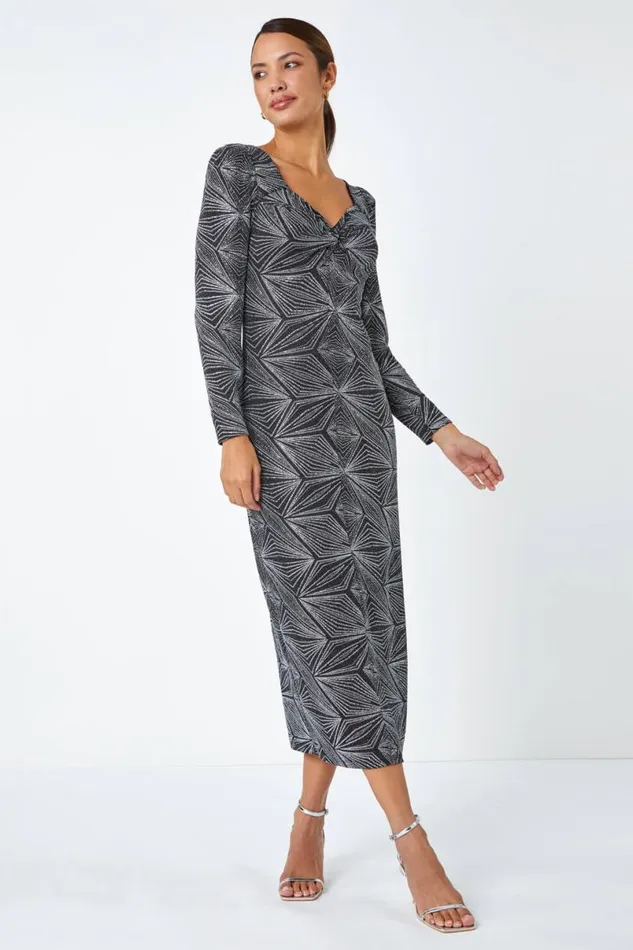 Silver Geometric Glitter Print Midi Stretch Dress Women Roman Dresses