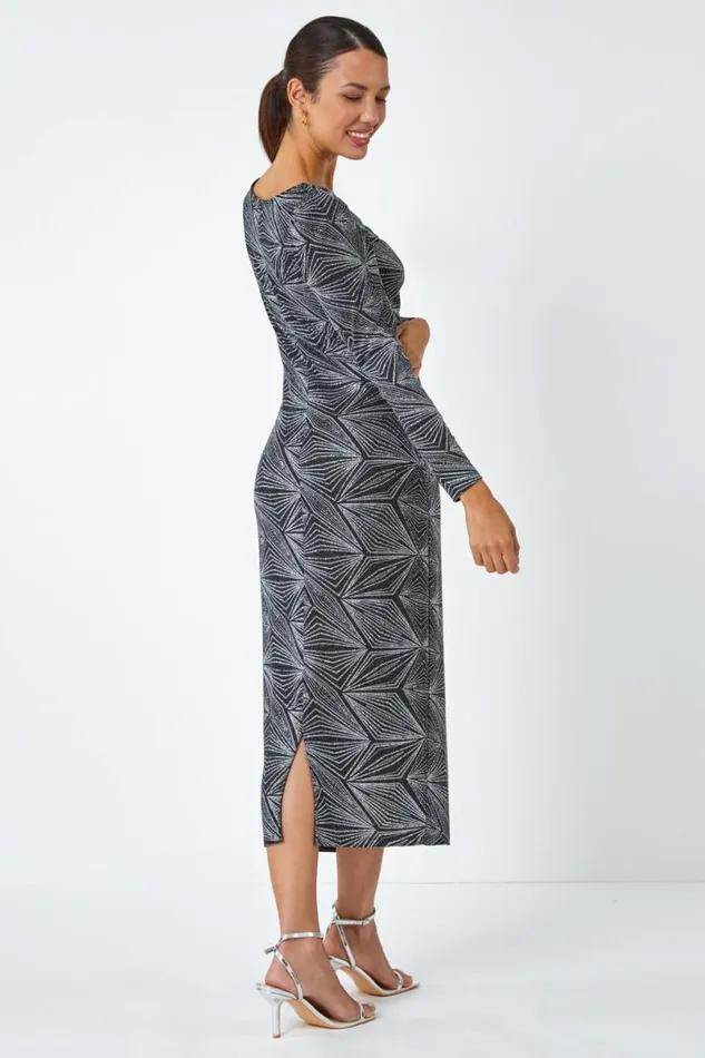 Silver Geometric Glitter Print Midi Stretch Dress Women Roman Dresses