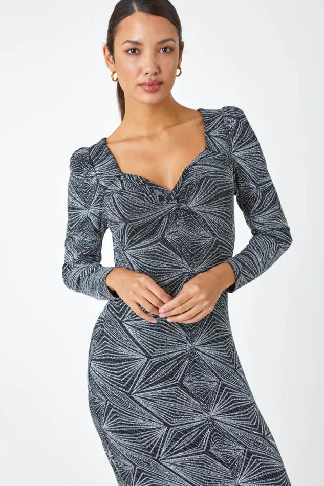 Silver Geometric Glitter Print Midi Stretch Dress Women Roman Dresses