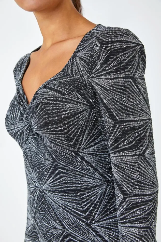 Silver Geometric Glitter Print Midi Stretch Dress Women Roman Dresses