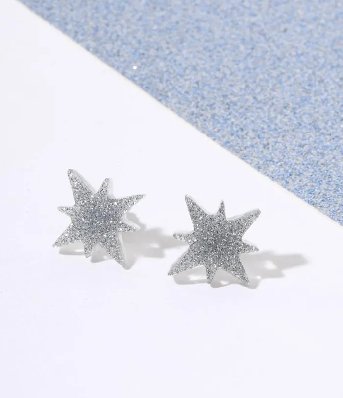 Silver Glitter Atomic Star Stud Earrings Accessories Unique Vintage Earrings
