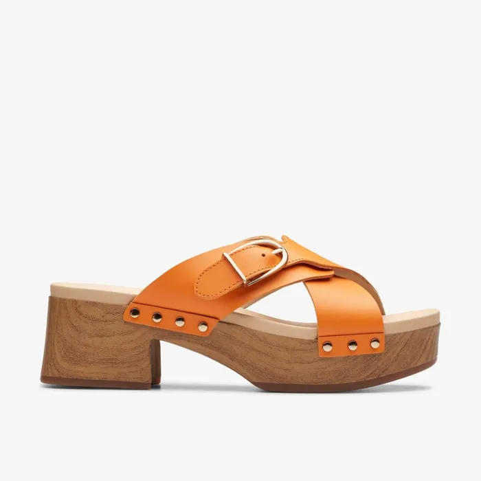 Sivanne Walk Orange Leather Women Clarks Clogs and Mules