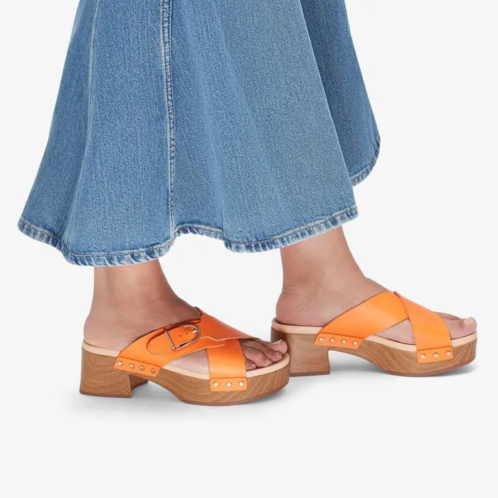 Sivanne Walk Orange Leather Women Clarks Clogs and Mules