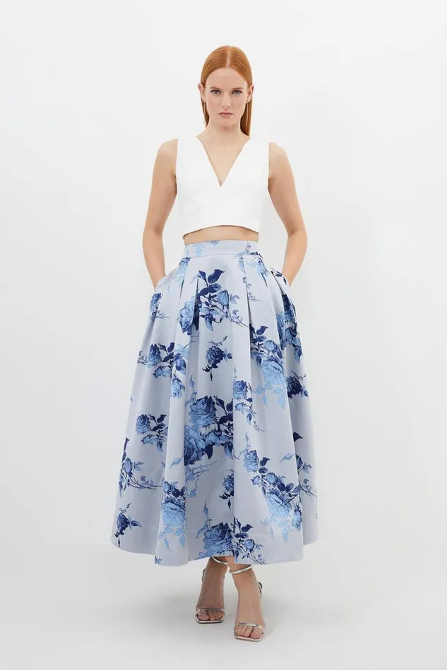 Skirts Women Karen Millen Petite Placed Jacquard Twill Woven Prom Skirt Blue
