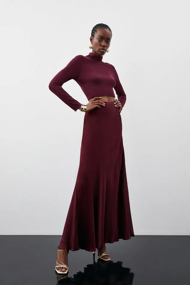 Skirts Women Karen Millen Premium Georgette and Satin Panelled Maxi Skirt Wine