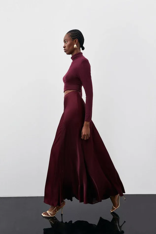 Skirts Women Karen Millen Premium Georgette and Satin Panelled Maxi Skirt Wine