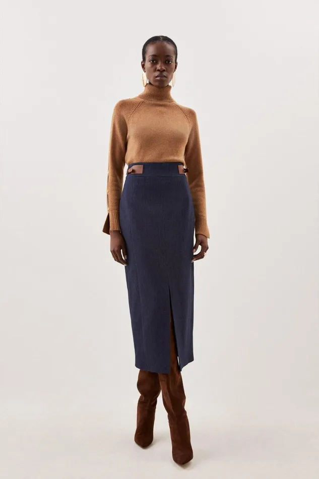 Skirts Women Karen Millen Tailored Denim Tab Detail Midi Skirt Blue