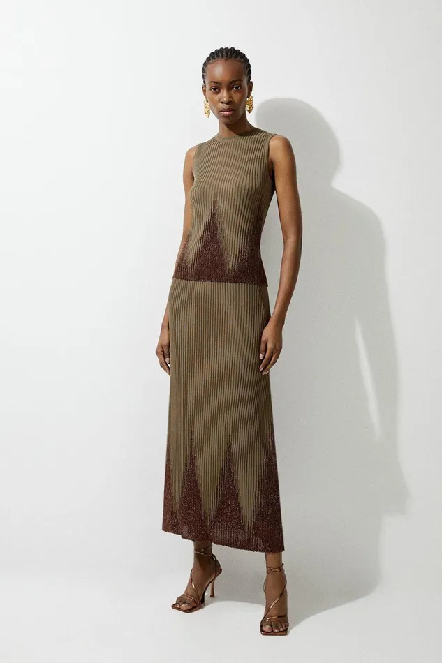 Skirts Women Karen Millen Viscose Blend Shimmer Knit Skirt Coord Light Khaki