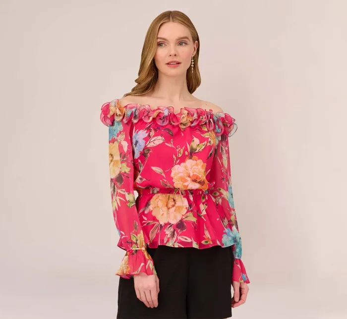 Sleeves Womens Adrianna Papell Rosette Print Off The Shoulder Top With Sheer Long Sleeves In Pink Multi