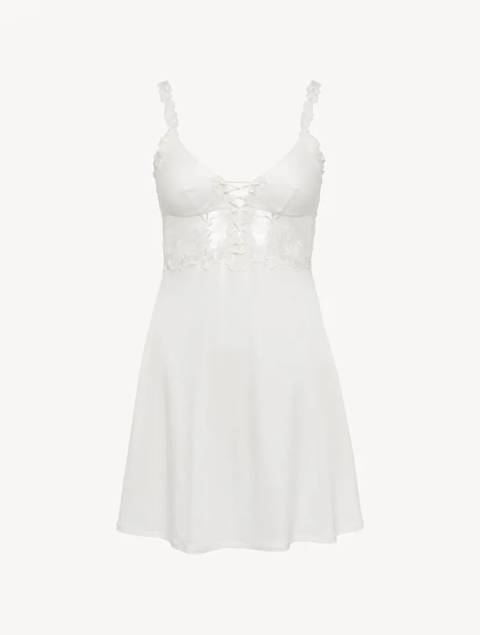 Slip Dress In Offwhite Modal With Embroidered Tulle Sleepwear La Perla Slips and Dresses