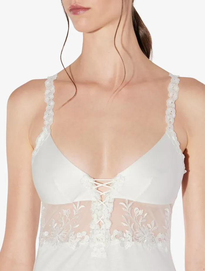Slip Dress In Offwhite Modal With Embroidered Tulle Sleepwear La Perla Slips and Dresses