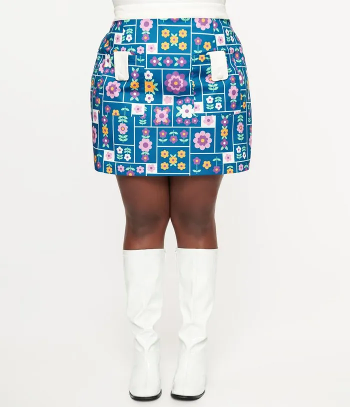 Smak Parlour 1960s Plus Size Teal Wallpaper Floral Print Mod Skirt ClothingPlus Unique Vintage Skirts