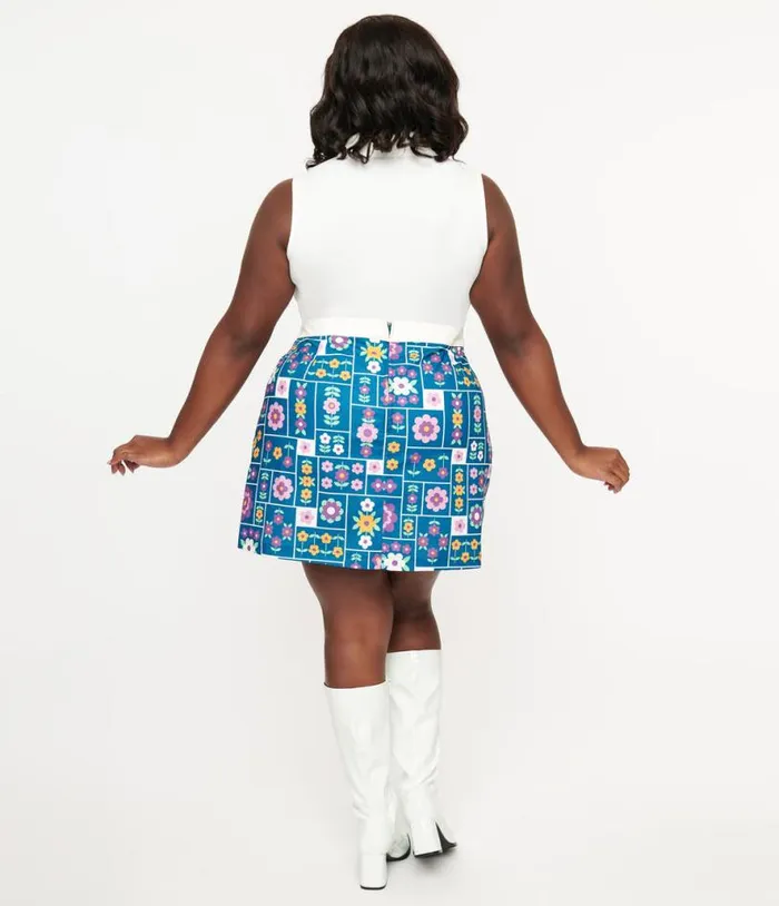 Smak Parlour 1960s Plus Size Teal Wallpaper Floral Print Mod Skirt ClothingPlus Unique Vintage Skirts