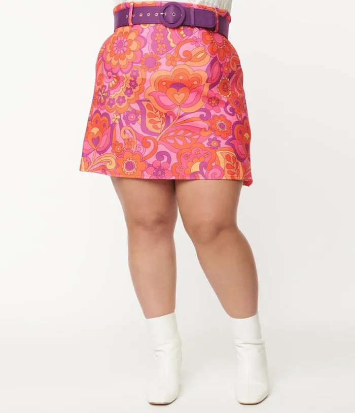 Smak Parlour Plus Size Hot Pink Mod Floral Easy Does It Mini Skirt ClothingPlus Unique Vintage Skirts