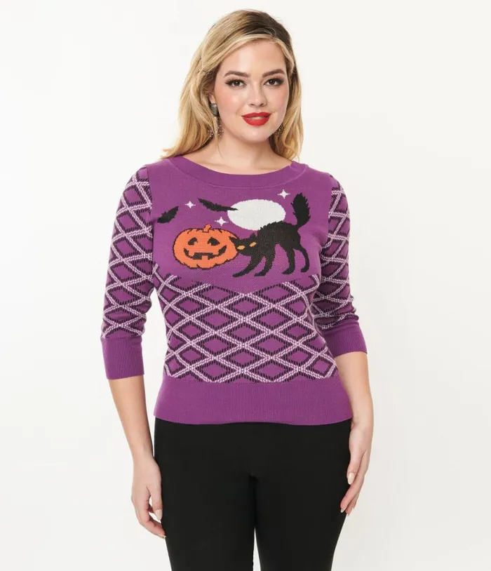 Smak Parlour Purple Plaid and Black Cat Sweater Clothing Unique Vintage Sweaters and Cardigans