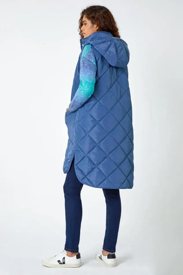 Steel Blue Diamond Quilted Longline Gilet Women Roman Coats