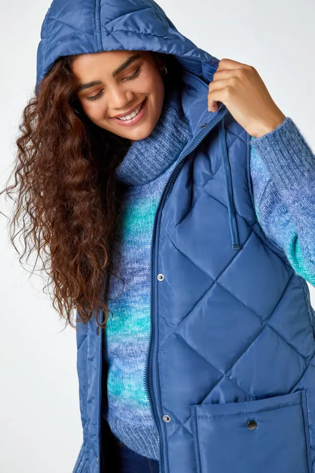 Steel Blue Diamond Quilted Longline Gilet Women Roman Coats